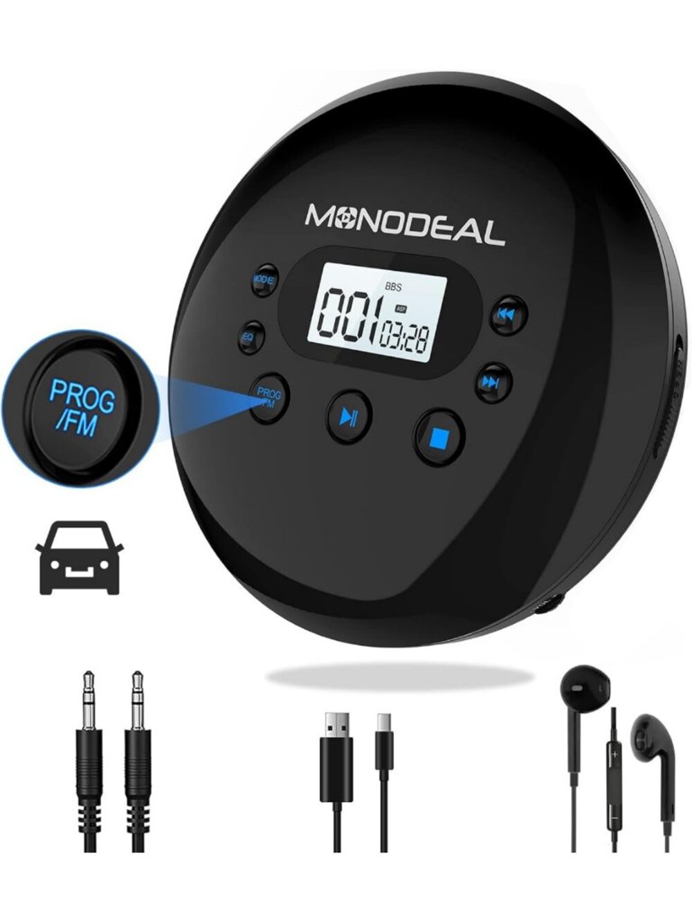 Portable CD Player with FM Transmitter | Rechargeable, Anti-Skip, Compact for